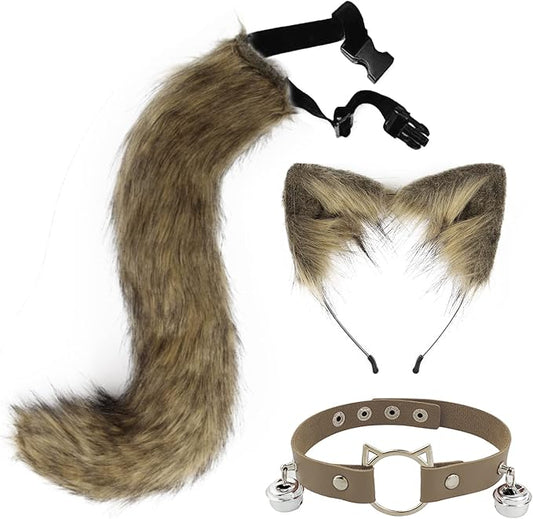 Cat Ears and Wolf Fox Animal Tail Cosplay Costume Faux Fur Hair Clip Headdress Halloween Leather Neck Chocker Set
