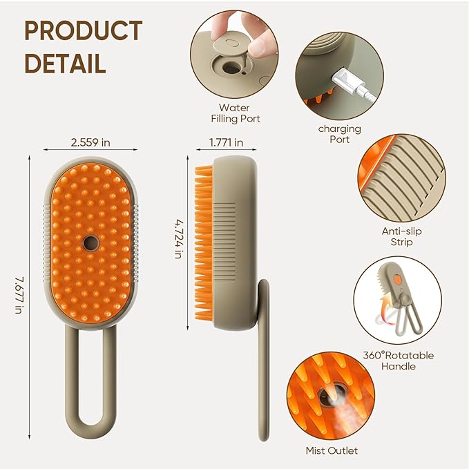 4-in-1 Steam Cat Brush for shedding–Self-Cleaning Comb for Long and Short Hair Cats and Dogs, Steam Pet Brush for Hair Removal, Vibrating Message, Grooming & Relaxation (Khaki)