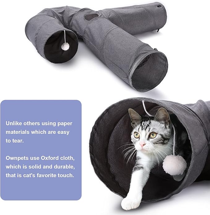 Ownpets Cat Tunnel Large 3 Way Collapsible Cloth Pet Tunnel Tube with Plush Ball & Feather Toy, U-Shaped Cat Play Tunnel for Indoor Cat, Puppy, Kitty, Kitten, Rabbit(Gray)