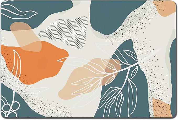 Rnivvi Dog Food Mat, 16" x 24" Boho Absorbent Dog Cat Bowl Mat for Food and Water, Cute Anti-Slip Rubber Pet Feeding Rug Protect Floors, Puppy Placemat for Feeding & Watering Supplies, Abstract Leaves