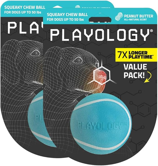 Playology Dog Toys | Squeaky Chew Ball - Bouncy Durable Floating Fetch Ball for Dogs, Value 2-Pack | Medium Peanut Butter Scented Toy - Easy to Clean and Made from Non Toxic Materials