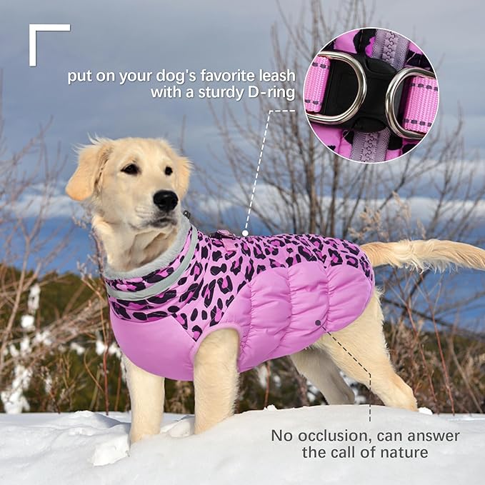 FUAMEY Dog Coat for Large Dogs,Waterproof Dog Winter Jacket with Harness Built in Puppy Cold Weather Coats Reflective Pet Vest with Zipper Warm Fleece Dogs Snowsuit Windproof Pink Leopard XL