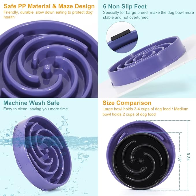 Slow Feeder Large Dog Bowls for Large Medium Dog Non Slip Maze Puzzle Bowl Pet Slower Food Feeding Dishes Interactive Bloat Stop Dog Bowl Preventing Choking Healthy Dog Bowl, Lavender