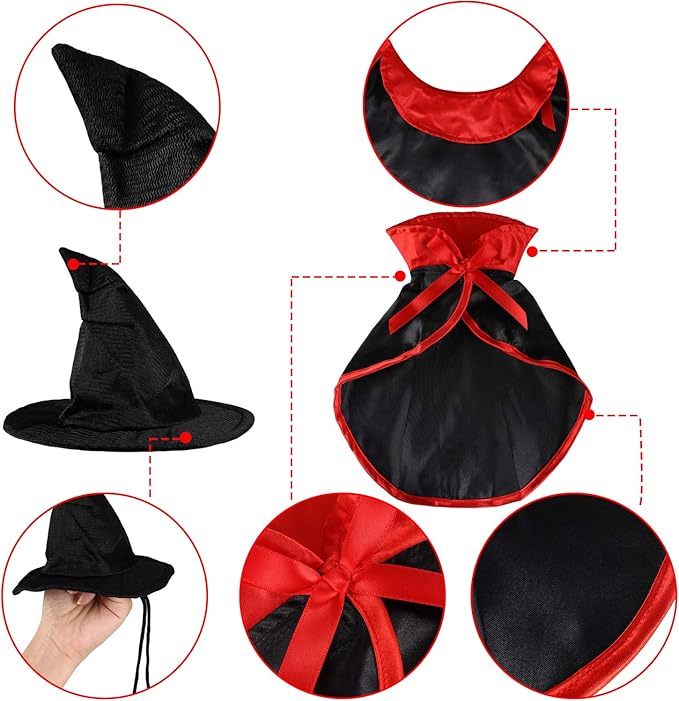 Frienda 2 Pieces Halloween Cat Costume Funny Wick Pet Vampire Cloak Witch Cape and Hat for Kitten Puppy Small Cat Dog Cosplay Halloween Party Supplies(Basic)