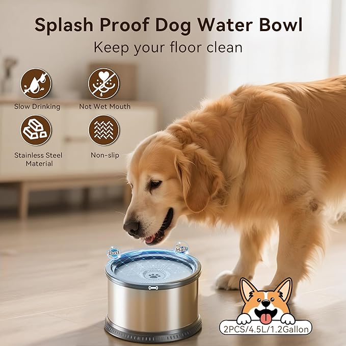 2PCS Dog Water Bowls for Multiple Pets, 4.5L/152oz No Spill Stainless Steel Slow Drinking Water Bowls with Anti-Slip Mat, Splash Proof Pet Bowl for Sloppy Messy Drinkers, Medium Large Dogs