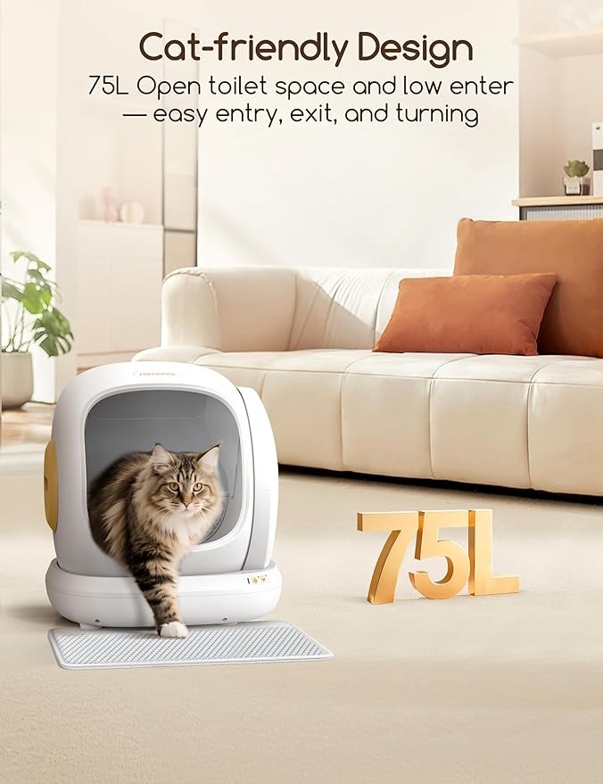 MeoWant Automatic Cat Litter Box, Large Opening Self Cleaning Litter Box with Safety Protection for Multiple Cats, App Control, Odor-Free, 75L Space, Yellow
