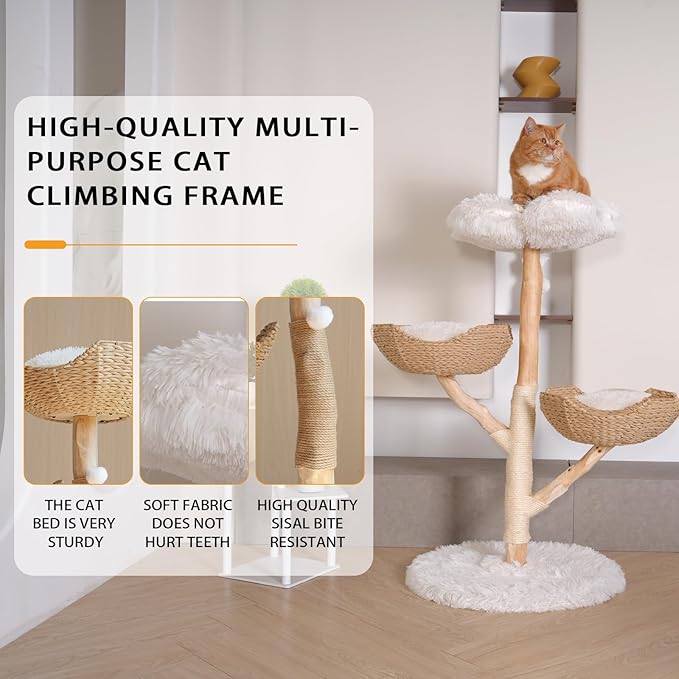 Modern Cat Tree Tower, 45” Wooden Cat Tree for Indoor Cats Large Adult, Real Solid Luxury Cat Condo with Scratching Post for Multi-Cat Households