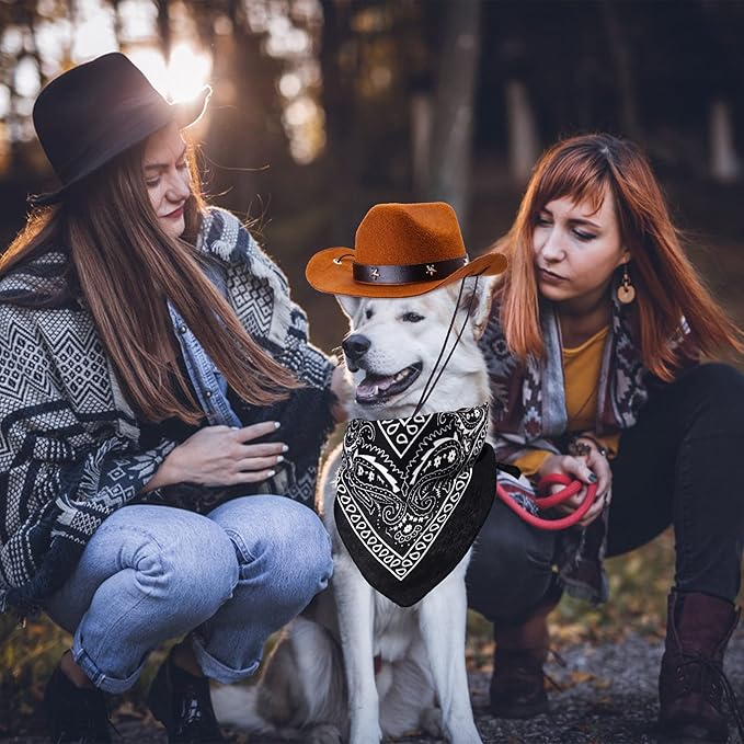 Yewong Pet Cowboy Costume Accessories - Dog Cat Pet Size Cowboy Hat and Bandana Scarf West Accessories for Puppy Kitten Party Festival and Daily Wearing Set of (Coffee Hat+Black Bandana)