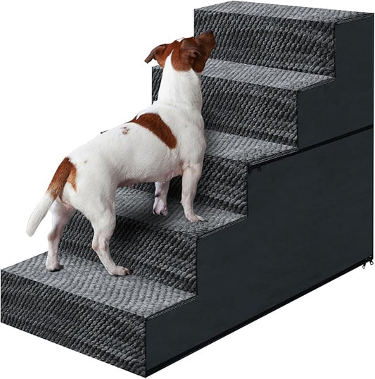 23" H Dog Stairs for Small and Medium Dogs 5-Step Ramps for High Beds and Couch Non-Slip Extra Wide Pet Stairs for Old Dogs and Puppy and Cat - Stable & Durable with Machine Washable Cover Indoor