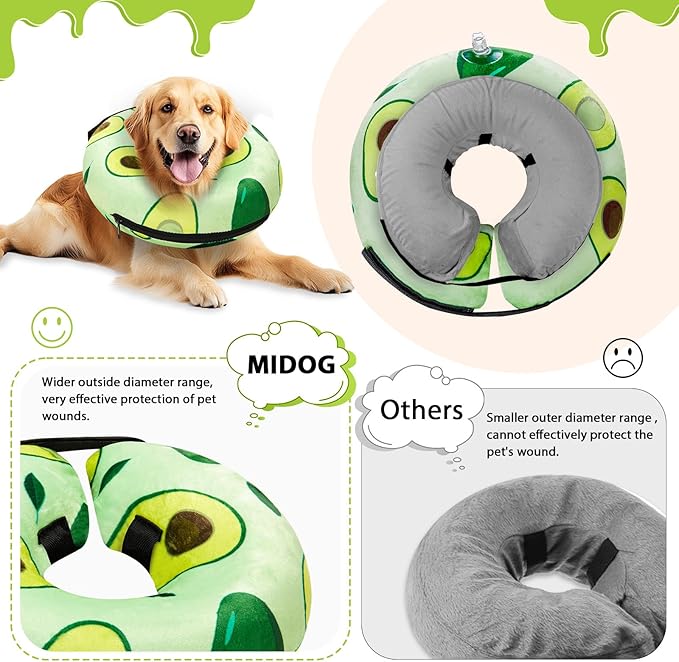 MIDOG Inflatable Dog Cone Alternative for After Surgery - Soft Protective Donut Collar Prevents Licking, Comfortable Recovery E-Collar Alternative for Small Medium Large Dogs (Avocado,M)