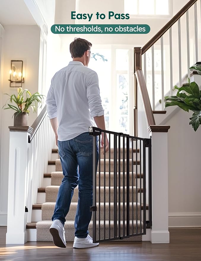 Babelio 34" Tall No Bottom Bar Baby/Dog Gate for Stairs, House and Doorways, 29.7-46.5" Auto Close Safety Pet Gates with Large Walk Thru Door, Hardware Mount, Black