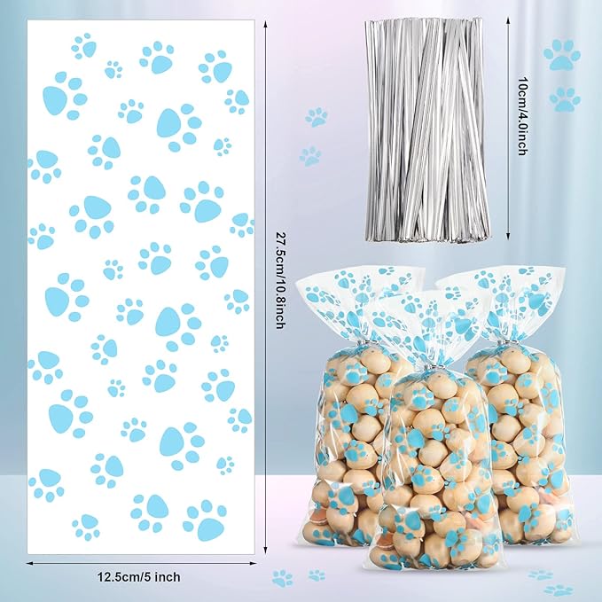 Blulu 100 Pieces Dog Treat Bags Puppy Party Favor Pet Paw Cone Cellophane Bags Candy Heat SealableDog Paw Gift with 100 Pieces Silver Twist Ties for Pet Cat Treat Party Favor (Blue)