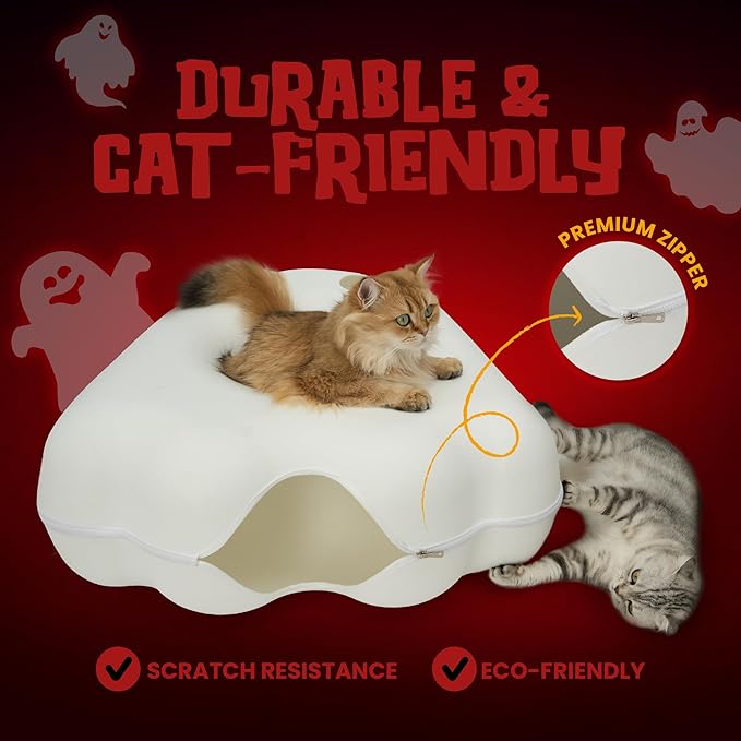 Cattasaurus Gothic Halloween Peeka-Boo Cat Cave, Extra Spacious for Multiple & Large Cats 15+ lbs, Scratch Detachable Cat Beds for Indoor Cats, Washable Tunnel Bed (White Ghost, Jumbo)