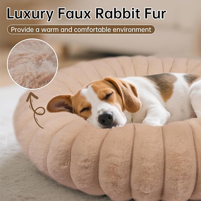 Donut Dog and Cat Bed, Luxurious Comfortable Faux Rabbit Fur Pet Beds, Round Anti-Anxiety Calming Puppy Kitten Bed with Anti-Slip Bottom for Small Medium Large Dogs & Cats(36", Brown)