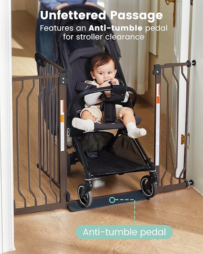 Mom's Choice-GROWNSY Baby Gate for Stairs, 29.5"-48.4" Pressure Mounted Baby Gate for Top of Stair&Doorway with V-Shaped Rods, Anti-Trip Pedal,Wide Stairs Dog Gate Easy Install w/Red Reminder,Brown