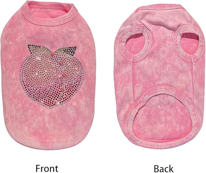 Washed Cotton Pet Vest with Rhinestone Fruit Designs, Soft & Stylish Small Dog Cat Vest for Spring Summer, Breathable & Shiny (Pink-Peach, Small)