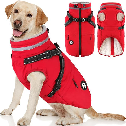 Dogcheer Dog Coat with Harness, Waterproof Dog Jacket, Christmas Puppy Winter Coat with Pocket, Reflective Doggy Turtleneck Puffer Vest for Small Medium Large Dogs - Red, XL