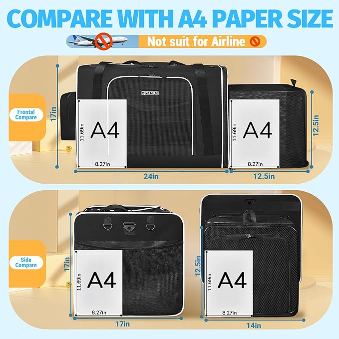 Petskd Side Expandable Extra Large Cat Carrier with Litter Box Area, 24"x17"x17" Soft-Sided Pet Carrier for 2 Cats Under 55 lbs with Zipper Locks for Car Travel(Black)