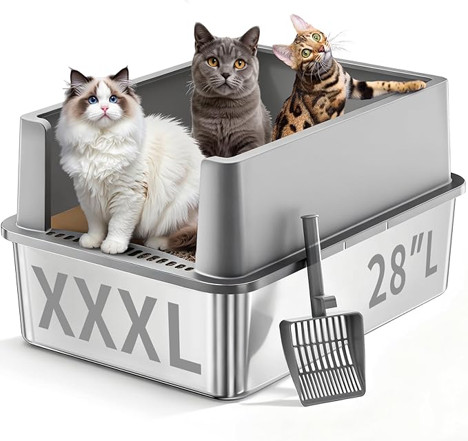 XXXL Stainless Steel Litter Box,28"L*20"W*12.5"H Large Capacity Metal Cat Litter Box for Big & Multiple Cats,Anti-Leakage,Non-Stick Surface for Easy Cleaning,Odor-Resistant,Scratch-Resistant