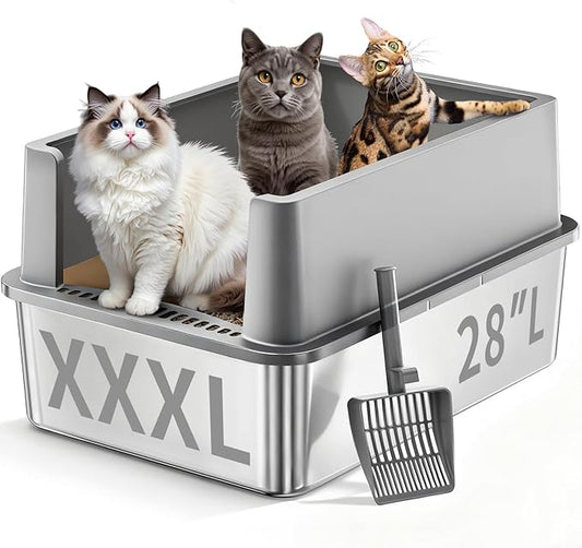 XXXL Stainless Steel Litter Box,28"L*20"W*12.5"H Large Capacity Metal Cat Litter Box for Big & Multiple Cats,Anti-Leakage,Non-Stick Surface for Easy Cleaning,Odor-Resistant,Scratch-Resistant