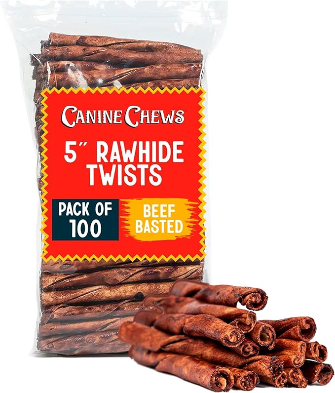 Canine Chews Small Rawhide Twists for Dogs - Pack of 100 5" Beef Flavored Rawhide Sticks for Small Dogs & Puppies - Protein Dense Beef Flavored Rawhides for Dogs - Natural Dog Rawhide Sticks