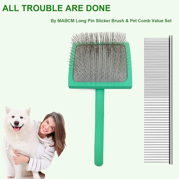 Large Slicker Dog Grooming Brush Kit - Ergonomic Wooden Handle, Long Pins for Goldendoodles, Poodles, Doodles & Haired Dogs (green)