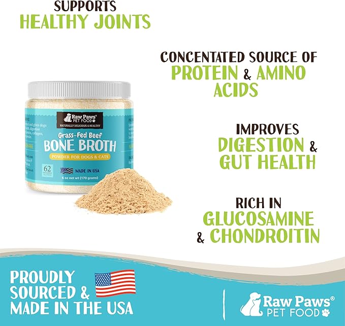 Raw Paws Beef Bone Broth for Dogs & Cats, 6-oz - Made in USA - Food Topper - Bone Broth Protein Powder for Dogs - Gravy Topper for Dry Food - Supports Joint Health
