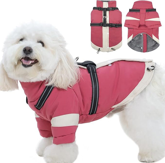 XS Dog Winter Coat with Harness Built in - Turtleneck with Sleeves| Water-Repellent Reflective Jackets for Night,Warm Puppy Clothes for Snow Cold Weather,Chihuahua (Pink)