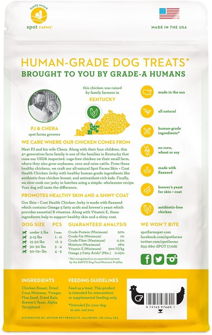 Spot Farms Chicken Jerky Healthy All Natural Dog Treats Human Grade for Skin and Coat 12 oz