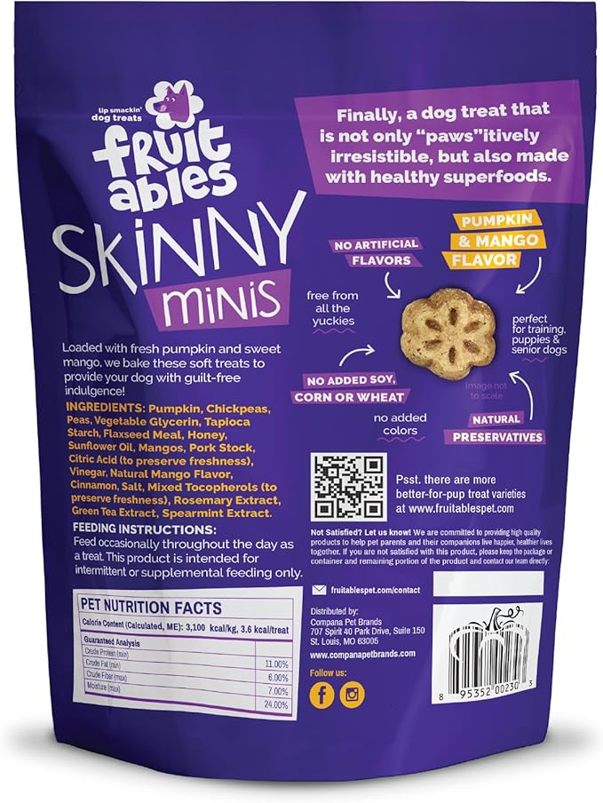 Fruitables Skinny Mini Dog Treats, Healthy Pumpkin Treat for Dogs, Low Calorie & Delicious, Puppy Training, Free of Wheat, Corn and Soy, Made in the USA, Pumpkin and Mango Flavor, 5oz