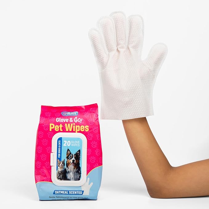 Dr. Paws Glove & Go Grooming Wipes for Dogs & Cats - Paraben Free, Alcohol Free, Lick-Safe, Hypoallergenic, Oatmeal Scented Dog Wipes for Paws and Butt, Puppy Wipes (20 Count)
