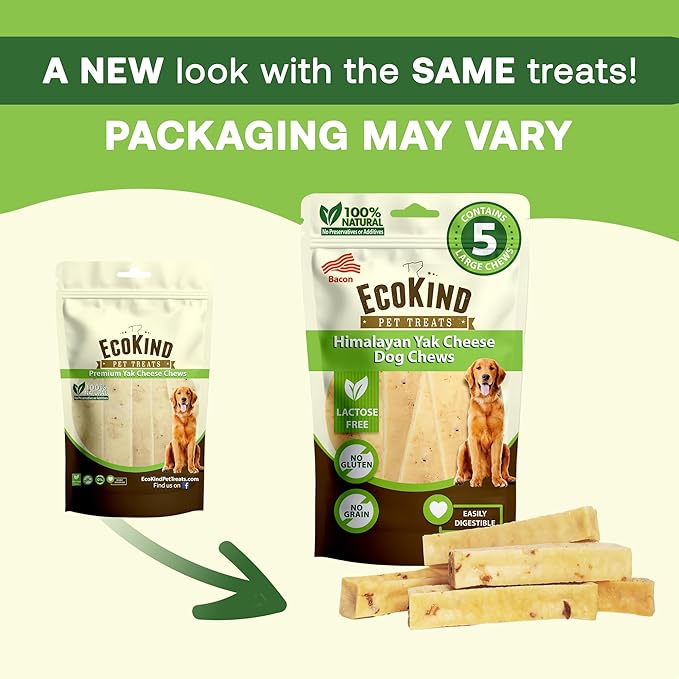 EcoKind Premium Gold Yak Cheese Himalayan Dog Chews, Dog Treats Large Breed, All Natural, High Protein Dog Chew, Bacon, Large - 18+ Chews