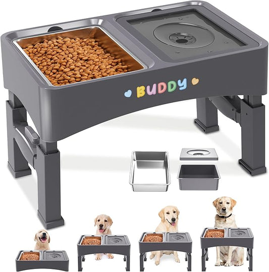 Decflow 2-in-1 Elevated Dog Bowls, 4 Height Adjustable Raised Dog Bowls with Stainless Steel & No Spill Water Bowl, DIY Stickers Foldable Pet Bowl for Medium Large Dogs(Not Included Slow Food Bowl)