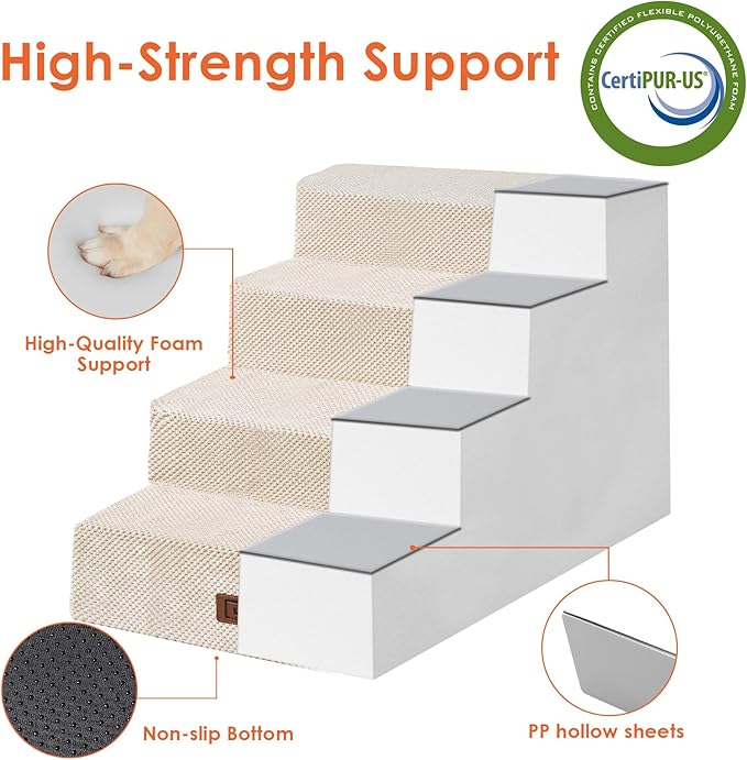EHEYCIGA Dog Stairs for Bed 20" H, 4-Step Extra Wide Dog Steps for High Bed, Pet Steps for Small Dogs and Cats, Non-Slip Balanced Pet Ramp Indoor, Beige