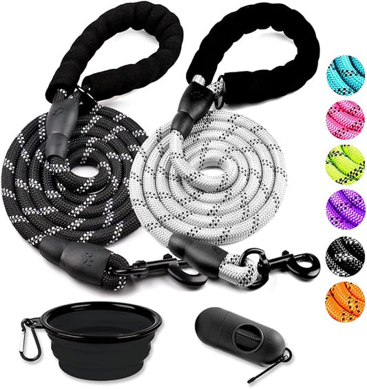 COOYOO 2 Pack Dog Leash 6 FT Heavy Duty - Comfortable Padded Handle - Reflective Dog Leash for Medium Large Dogs with Collapsible Pet Bowl