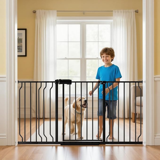 TSAYAWA Extra Wide Baby Gate with Door, 52.76~62.2 Inch Wide Presure Mounted No Drill Metal Auto Close Child Gate for Stair Doorway - Indoor Outdoor Safty Gate for Toddler Dog Doggie, Black
