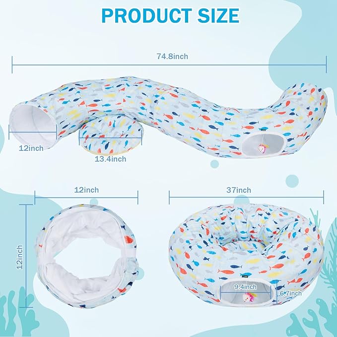 Ownpets Large Cat Tunnel Bed for for All Seasons, Soft Cat Donut Tunnel with Washable Cushion, Round Pet Pet Play Tunnel Toy for Kitten, Puppy, Rabbit, Blue