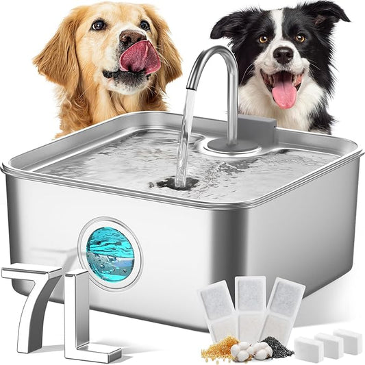 FUKUMARU Dog Water Fountain, 1.8 Gal/236oz/7L Water Tank Ultra Quiet Pump (28.5dB) & 4-Stage Filter System Stainless Steel Kitty Water Fountains for Multi-Cat/Dog Homes, with 3 Filters