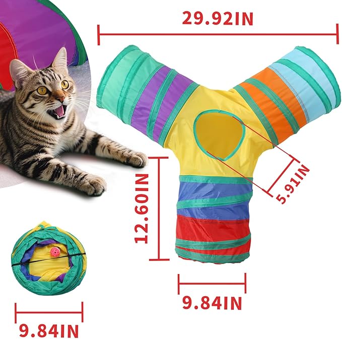 Pet Cat Tunnel, Y-3 Way Tunnels for Indoor Cats, Collapsible Pet Tunnel for Kitten, Puppy, Rabbit, 25cm-Wide Tunnels, Durable & Breathable, with Peek Hole Toy Ball