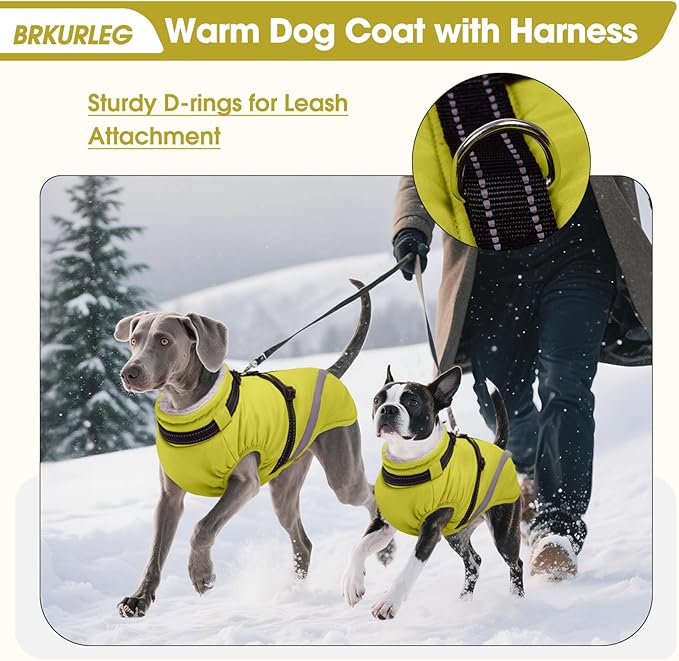 BRKURLEG Dog Winter Jackets for Large Dogs, Dog Coat with Harness Built in, Dogs Snowsuits with Zipper, Waterproof Windproof Pet Puffer Jacket Fleece Vest for Beagle, Pitbull, Green XL