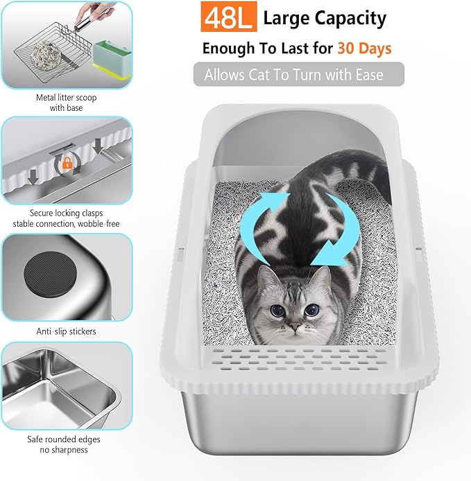 Stainless Steel XXL Cat Litter Box for Big Cats- Metal Extra Large Litter Box with Lid, Include Metal Litter Scoop,Mat. High Sided with Guard Prevent Splashing. No Smell, Always New After Clean.