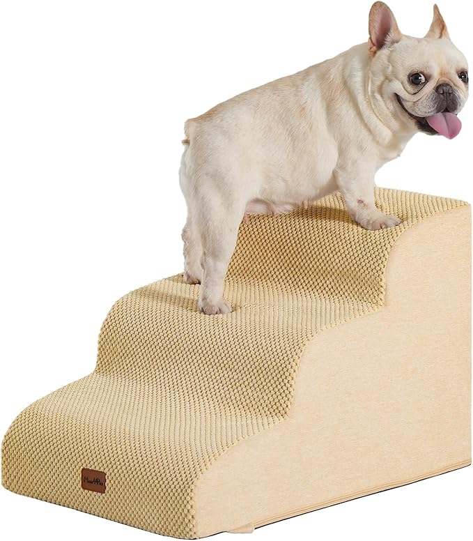 Made4Pets Dog Stairs Ramp for Small Dogs, 3-Step Dog Steps for Bed Couch Sofa and Chair, 35D Foam Pet Steps for Small Dogs and Cats, Non-Slip Bottom Pet Stairs, Tan