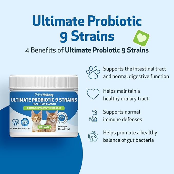 Pet Wellbeing Ultimate Probiotic 9 Strains with Prebiotics for Cats - Supports the Gut Microbiome and Digestion, Immune System Care, Urinary Tract Health, FOS, 2.5 billion CFU - 5.64 oz (160 g) Powder