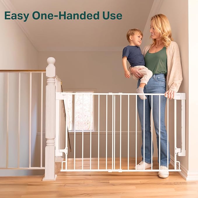 Cumbor 29.2–43" Baby Gate for Stairs, Wall-Mounted (Drill Required), Expandable No Bottom Bar Dog Gate, Auto Close Extra Wide Walk Thru, Pet & Toddler Proof Gate, Top & Bottom of Stairways (White)