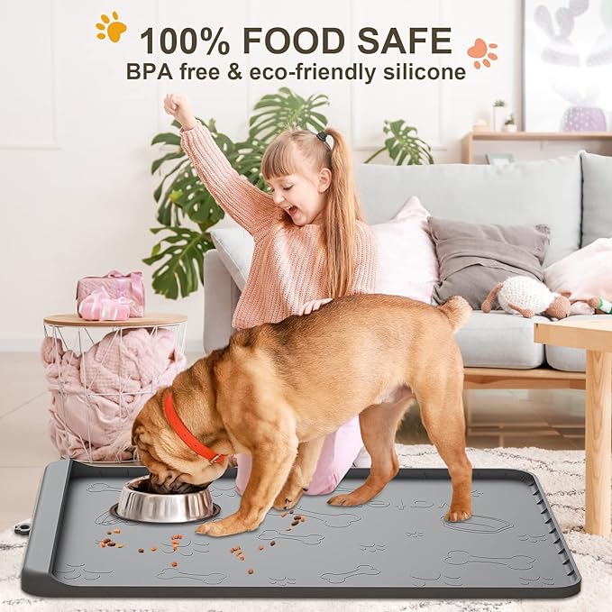 Dog Food Mat - Silicone Dog Mat for Food and Water - 36" x 24" Large Pet Feeding Mats with Residue Collection Pocket - Waterproof Dog Cat Bowl Mat with High Edges to Prevent Water Food Spills (Gray)