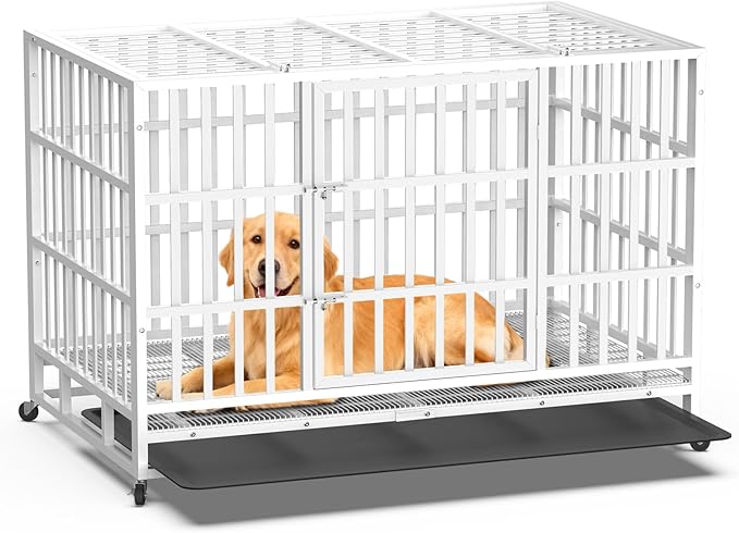 Heavy Duty Indestructible Dog Crate 48 Inch with Removable Tray, Sizes & Colors Optional, Escape Proof Double Door High Anxiety Cage Indoor, Kennel with Wheels for Large Dogs, XL XXL XXL