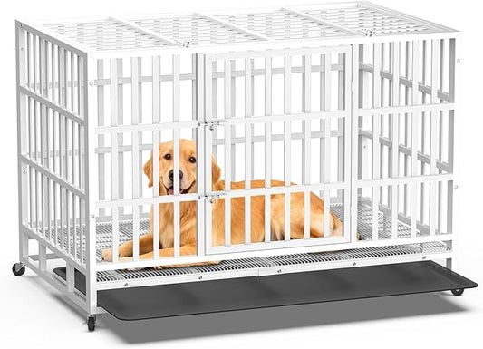 Heavy Duty Indestructible Dog Crate 48 Inch with Removable Tray, Sizes & Colors Optional, Escape Proof Double Door High Anxiety Cage Indoor, Kennel with Wheels for Large Dogs, XL XXL XXL