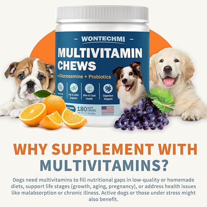 Dog Multivitamin, Glucosamine Chondroitin for Dogs, Krill Oil, Probiotics, Dog Vitamins and Supplements for Heart, Hip & Joints, Immune Health, Digestion, Skin, Coat (180 Chews, Wagyu Beef)