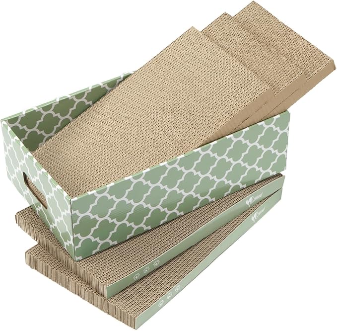 MECOOL Cat Scratching Board，5PC Cat Scratch Pad with Box，Reversible Corrugated Cat Scratcher Cardboard and Lounge Bed for Indoor Cats, Catnip