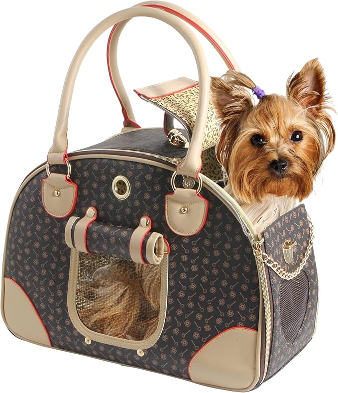 Fashion Dog Carrier PU Leather Dog Handbag Dog Purse Cat Tote Bag Pet Cat Dog Hiking Bag, Brown, Large 42 * 29 * 18cm